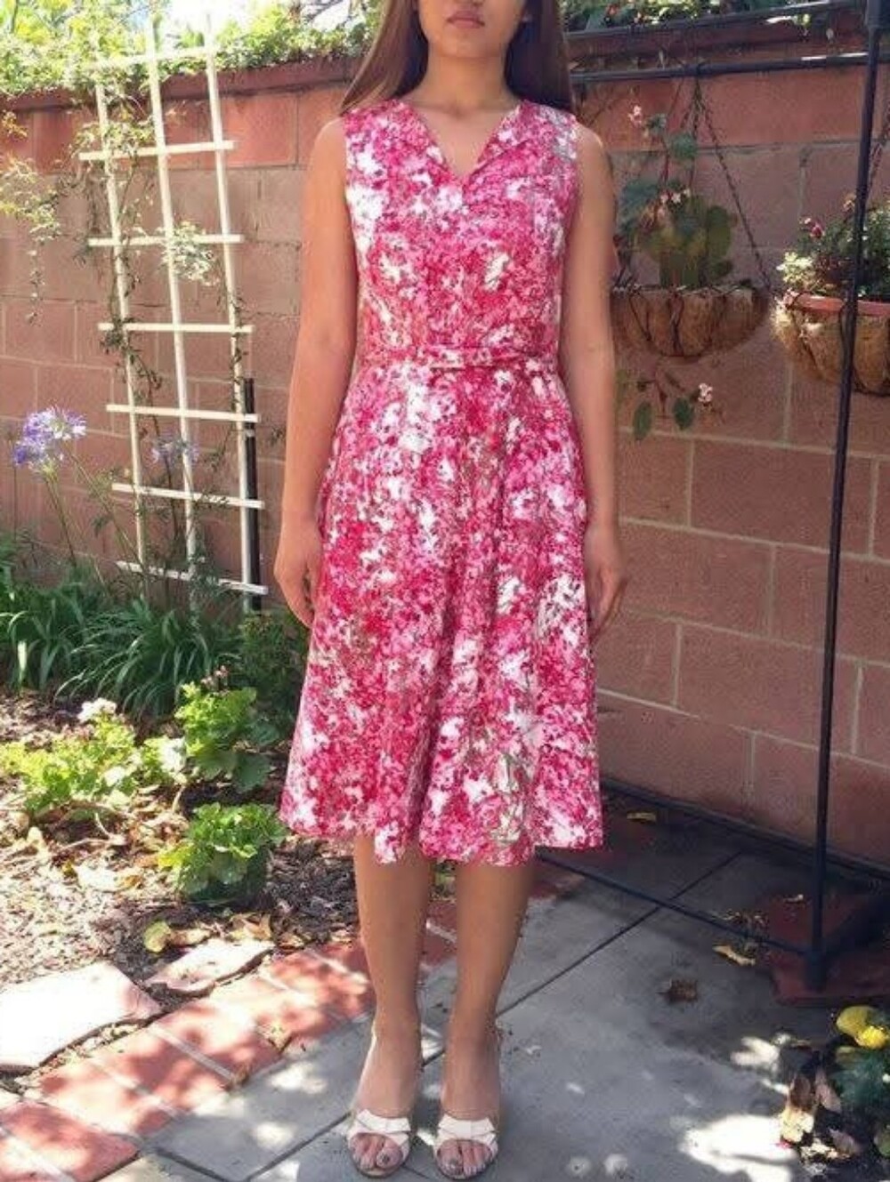 Talbots Pink and White Cherry Blossom Print Floral Midi Dress EUC size 8 Petite